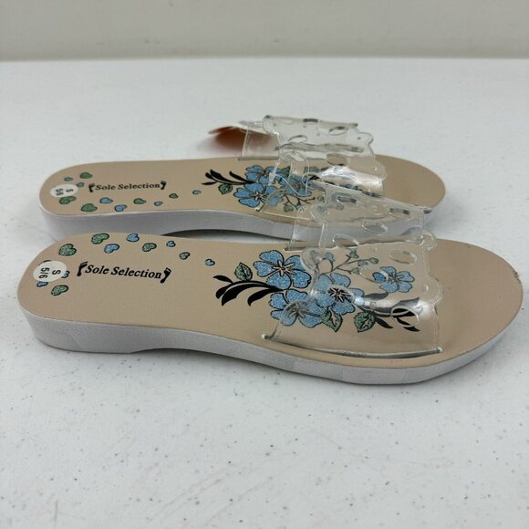 Sole Selection Women's Sandals Beige w/ Blue Glittery Flowers Small 5/6  (37) - Picture 2 of 5